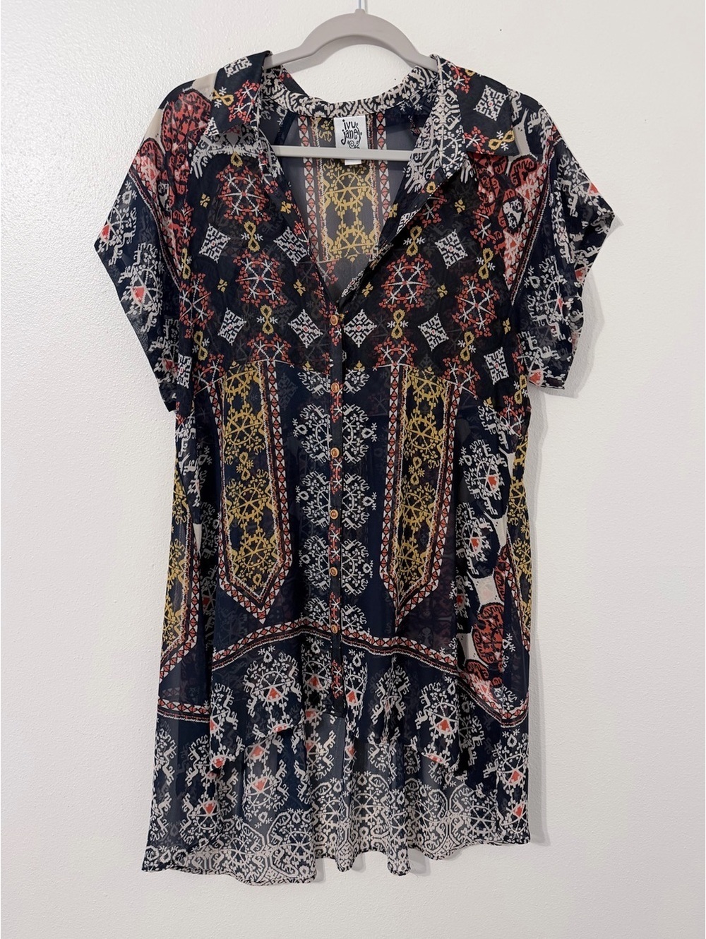 Ivy Jane Peasant High Low Button Down Eclectic Geometric Sheer Blouse medium